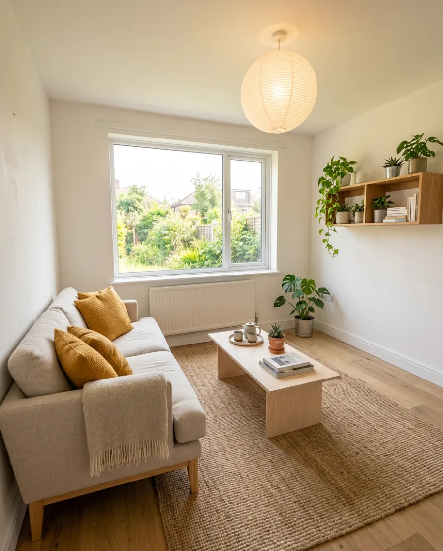 Empty room in. Furnished room out.: Scandinavian, made with AI