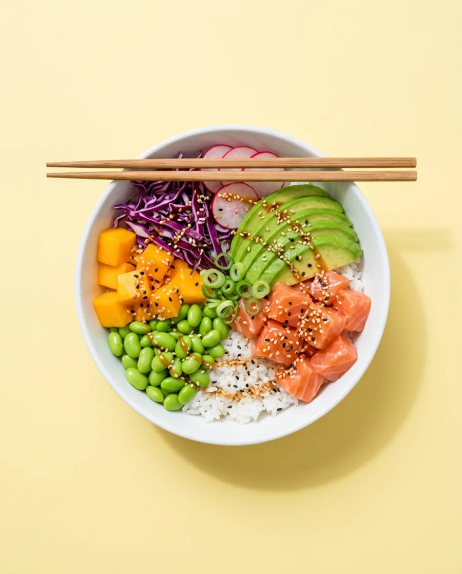 A poke bowl with salmon, avocado, edamame and mango seen from above on pale yellow, made with AI