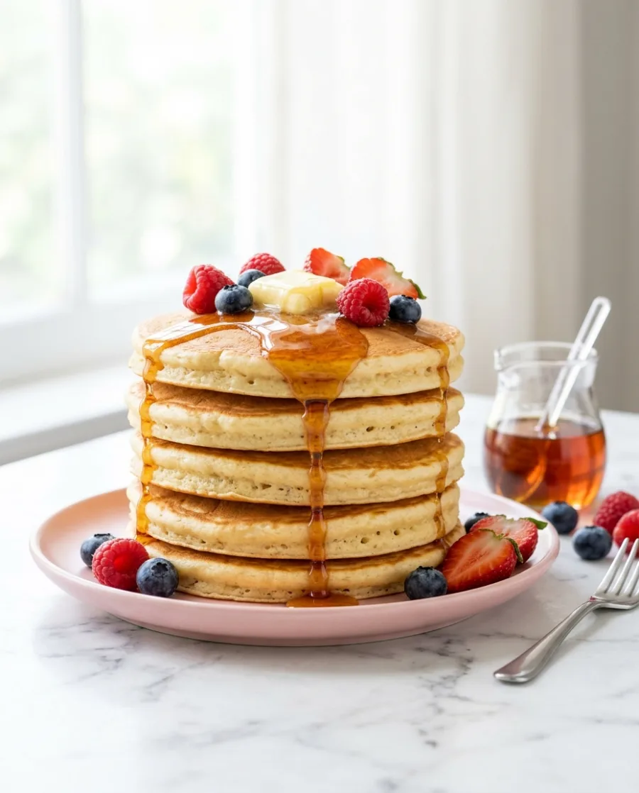 A stack of fluffy pancakes with berries and maple syrup on a pink plate on a white marble table, made with AI