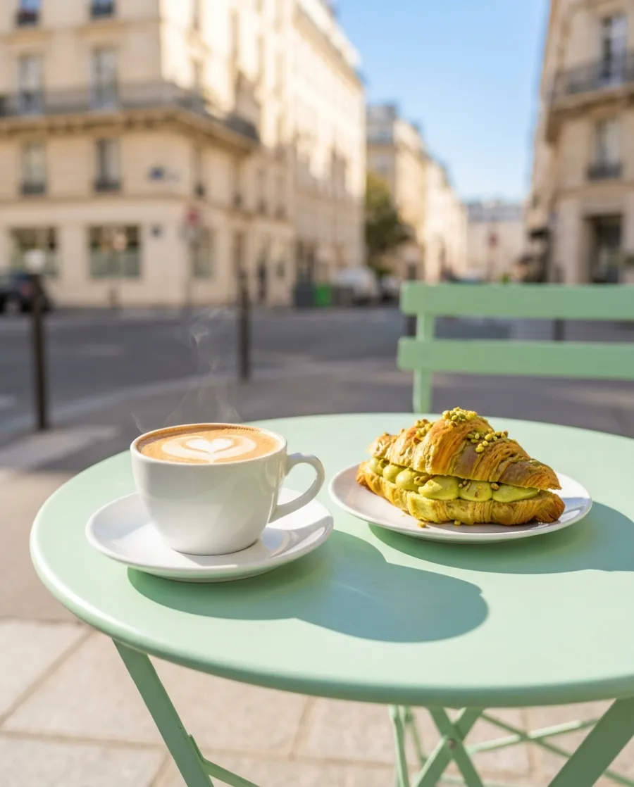 A cappuccino with latte art and a pistachio croissant on a mint green café table on a sunny Paris pavement, made with AI