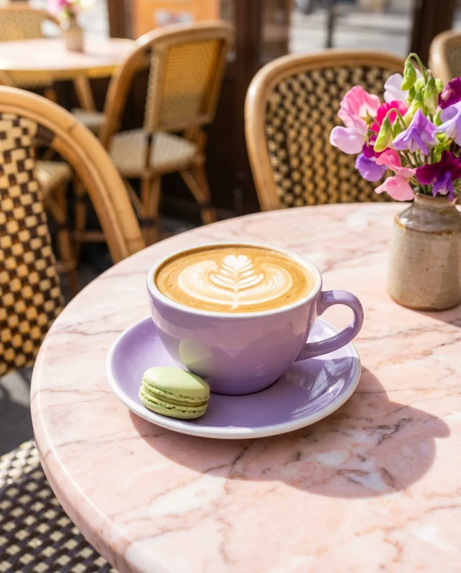 A latte in a lilac cup with a pistachio macaron on a sunny pink marble café table, made with AI