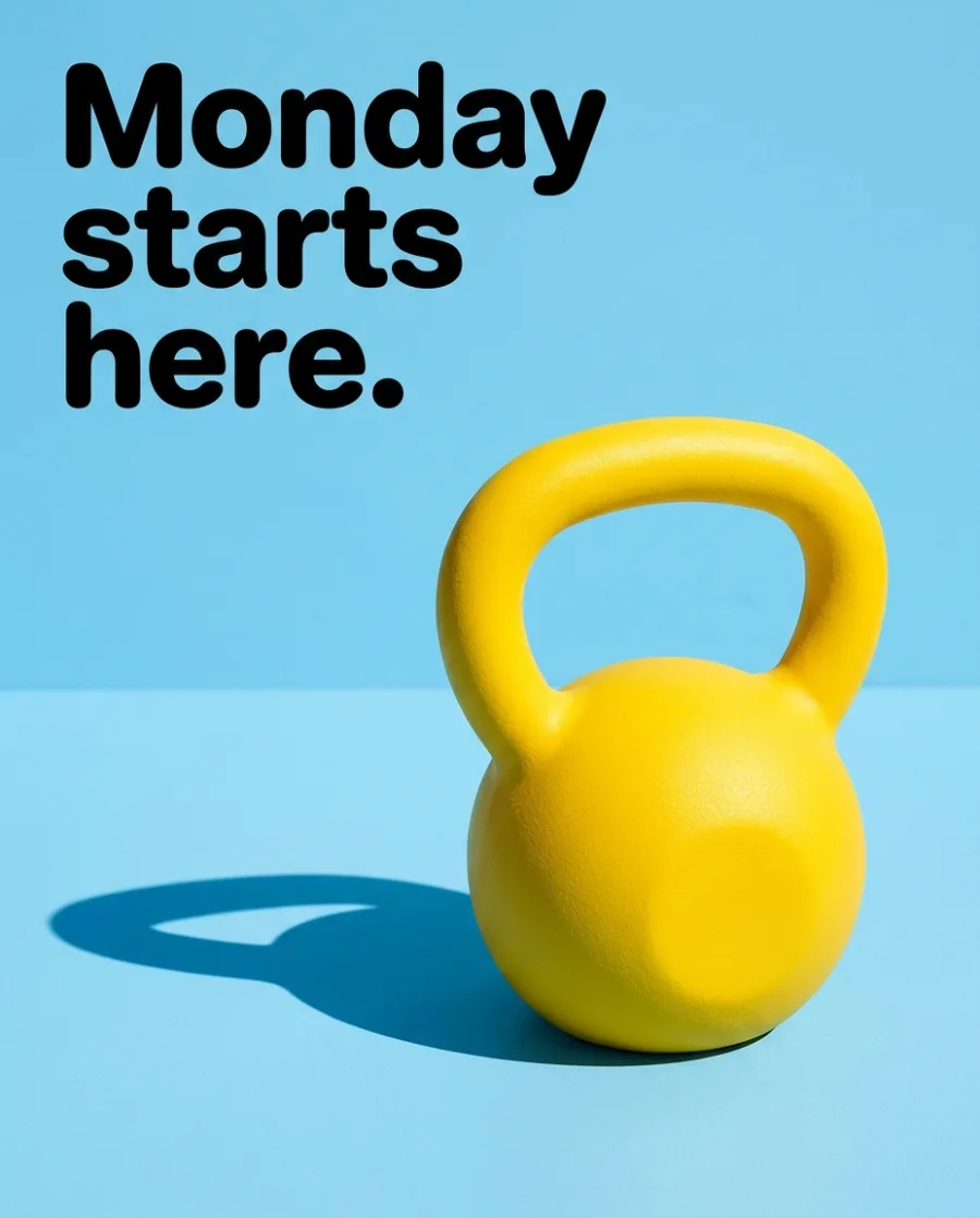 A post for a gym: a yellow kettlebell on sky blue with the headline Monday starts here, made with AI
