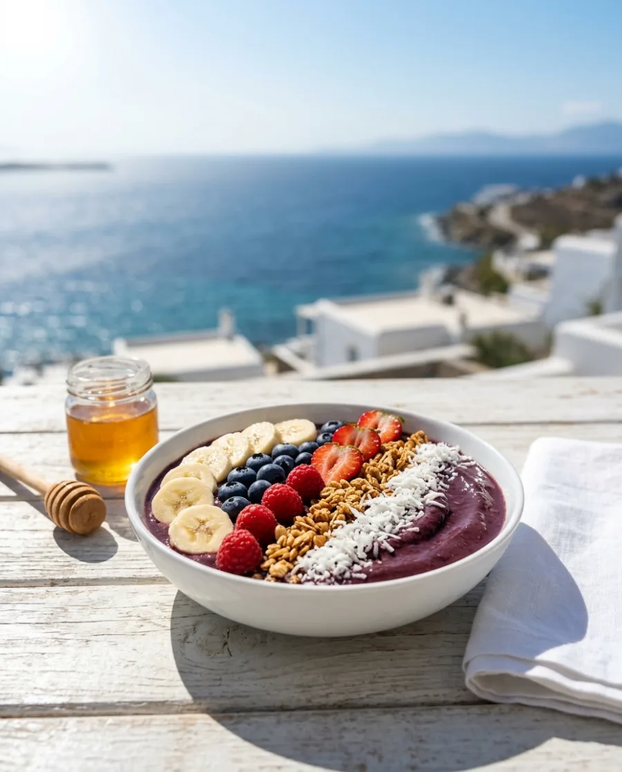 Honey is poured over an açaí bowl with berries and banana on a sunny terrace by the sea, made with AI