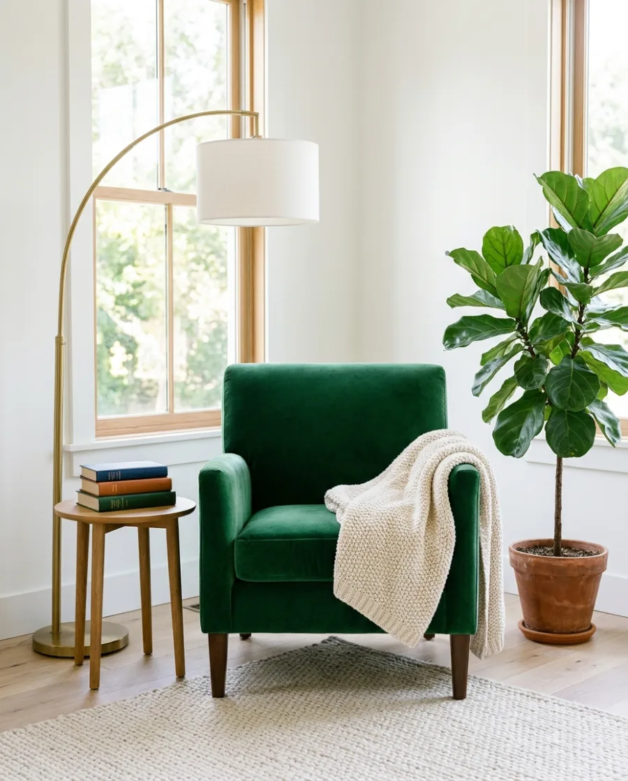 A reading corner with a green velvet armchair, a brass floor lamp and a stack of books in a bright white room, made with AI