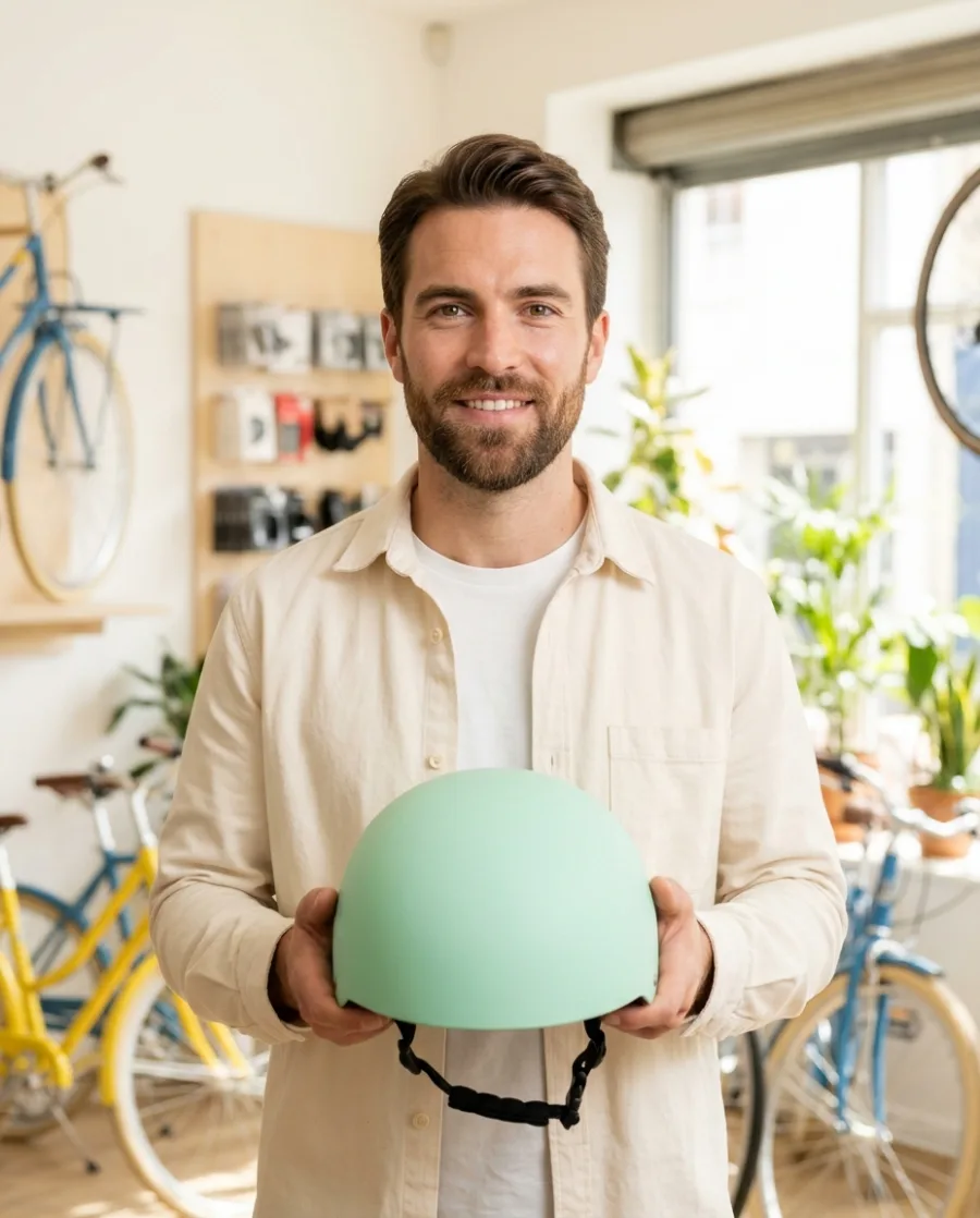 A smiling man with a beard holds a mint bicycle helmet in a sunny bike shop, made with AI