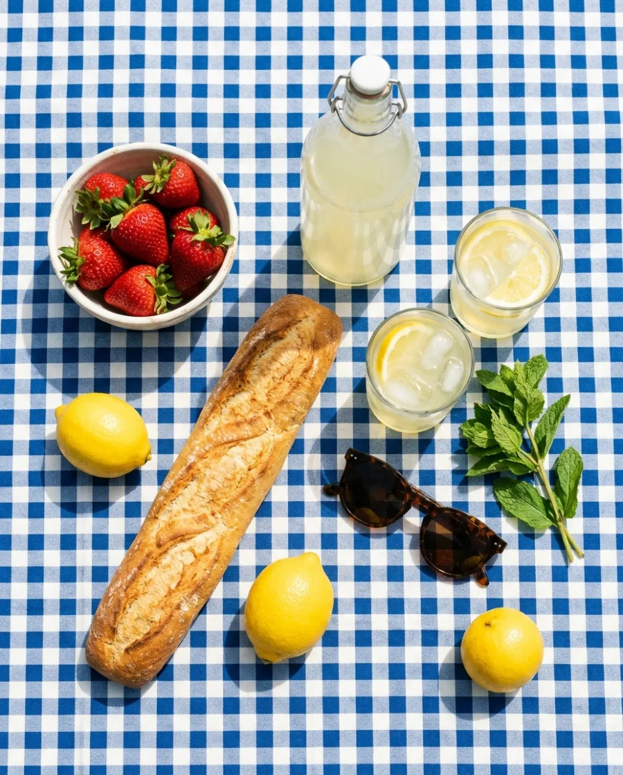 A picnic on a blue gingham blanket with strawberries, a baguette, lemonade and sunglasses, made with AI