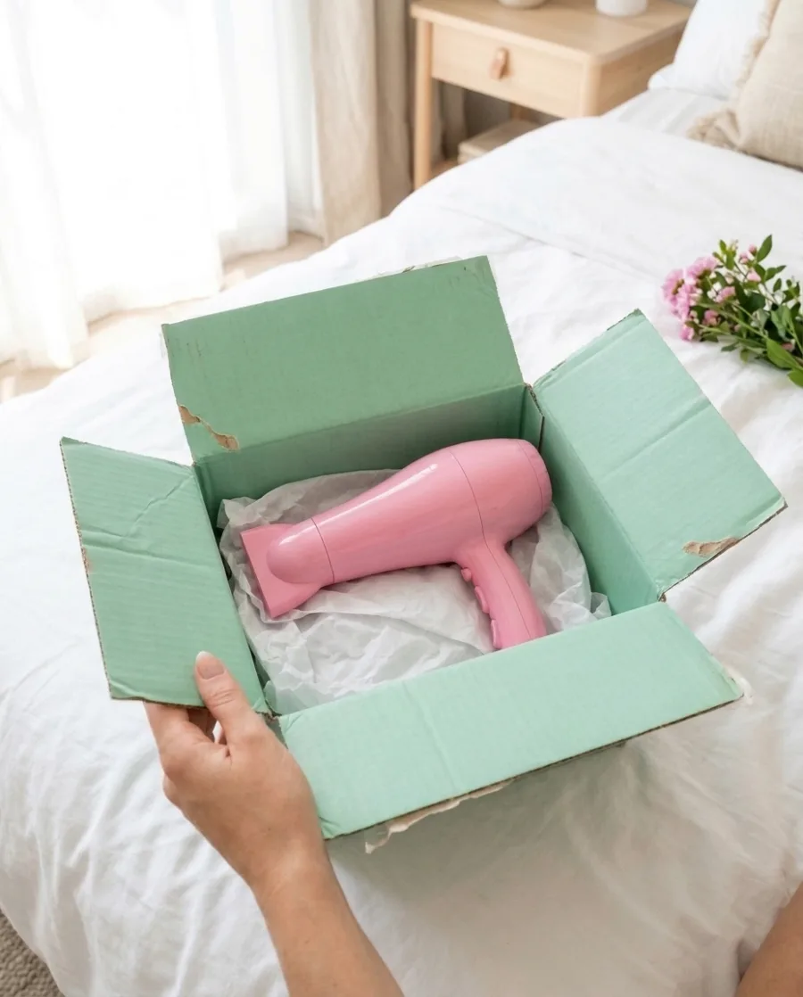A hand opens a mint green box with a pink hair dryer inside on a white bed, made with AI
