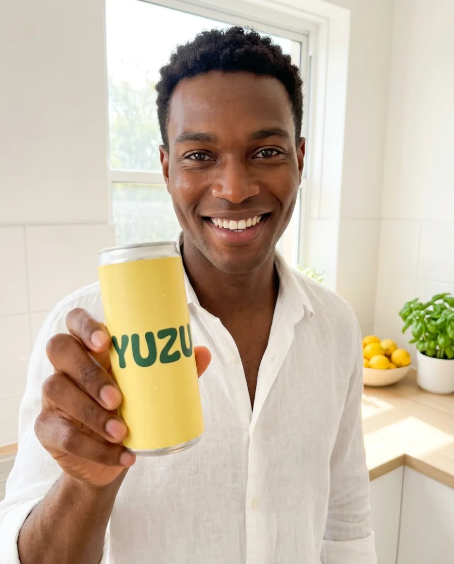 A smiling man holds a yellow can of yuzu soda toward the camera in a sunny kitchen, made with AI
