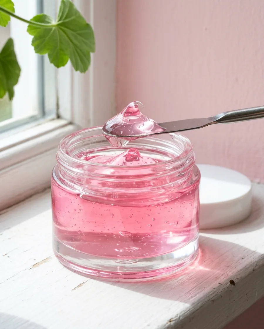 A spatula lifts pink gel cream out of a glass jar on a sunny windowsill, made with AI