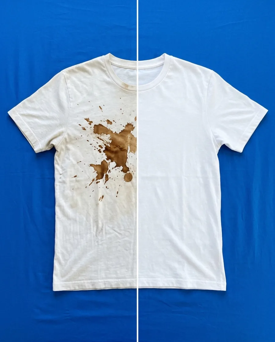 A before and after photo of a white T-shirt on a blue bed, with a coffee stain on the left and clean on the right, made with AI