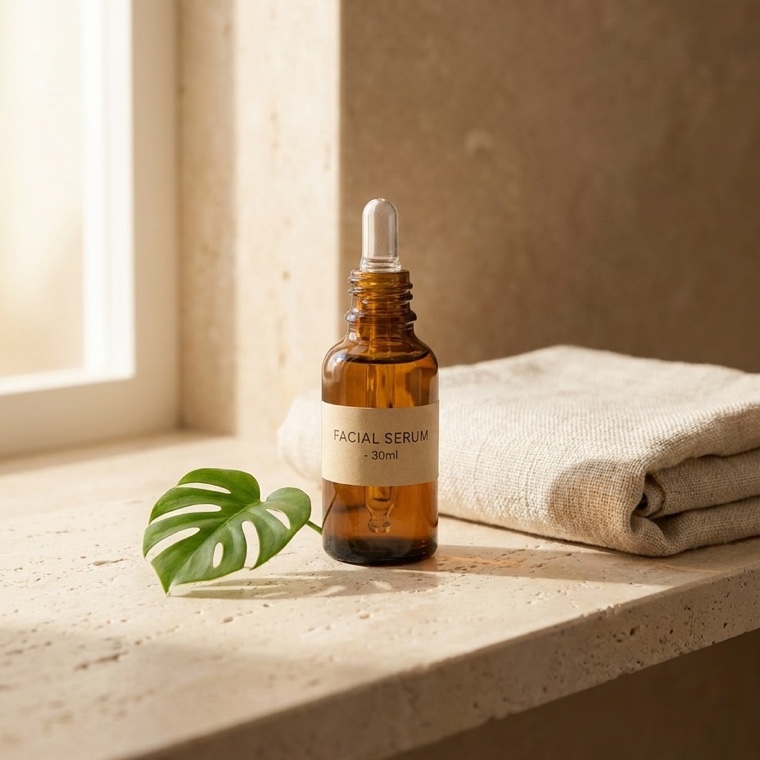 A serum bottle on a stone shelf in warm daylight