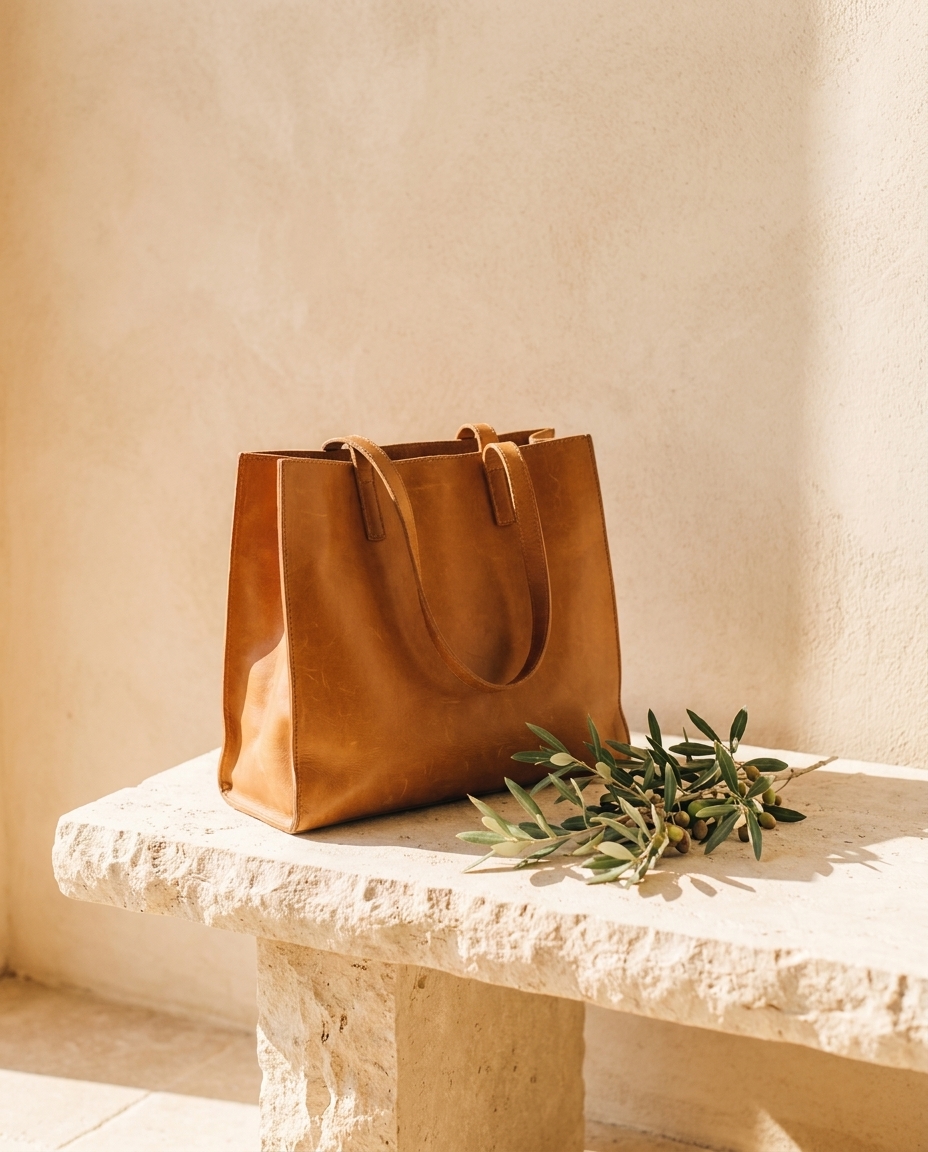 Eine hellbraune Ledertasche, gestylt auf einer sonnigen Kalksteinbank