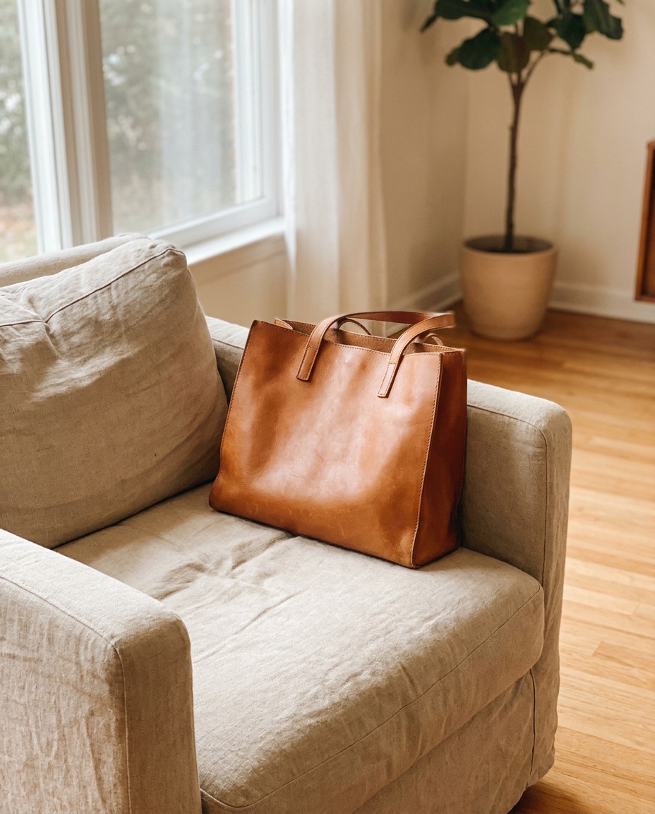 Ein einfaches Handyfoto einer hellbraunen Ledertasche auf einem Sessel