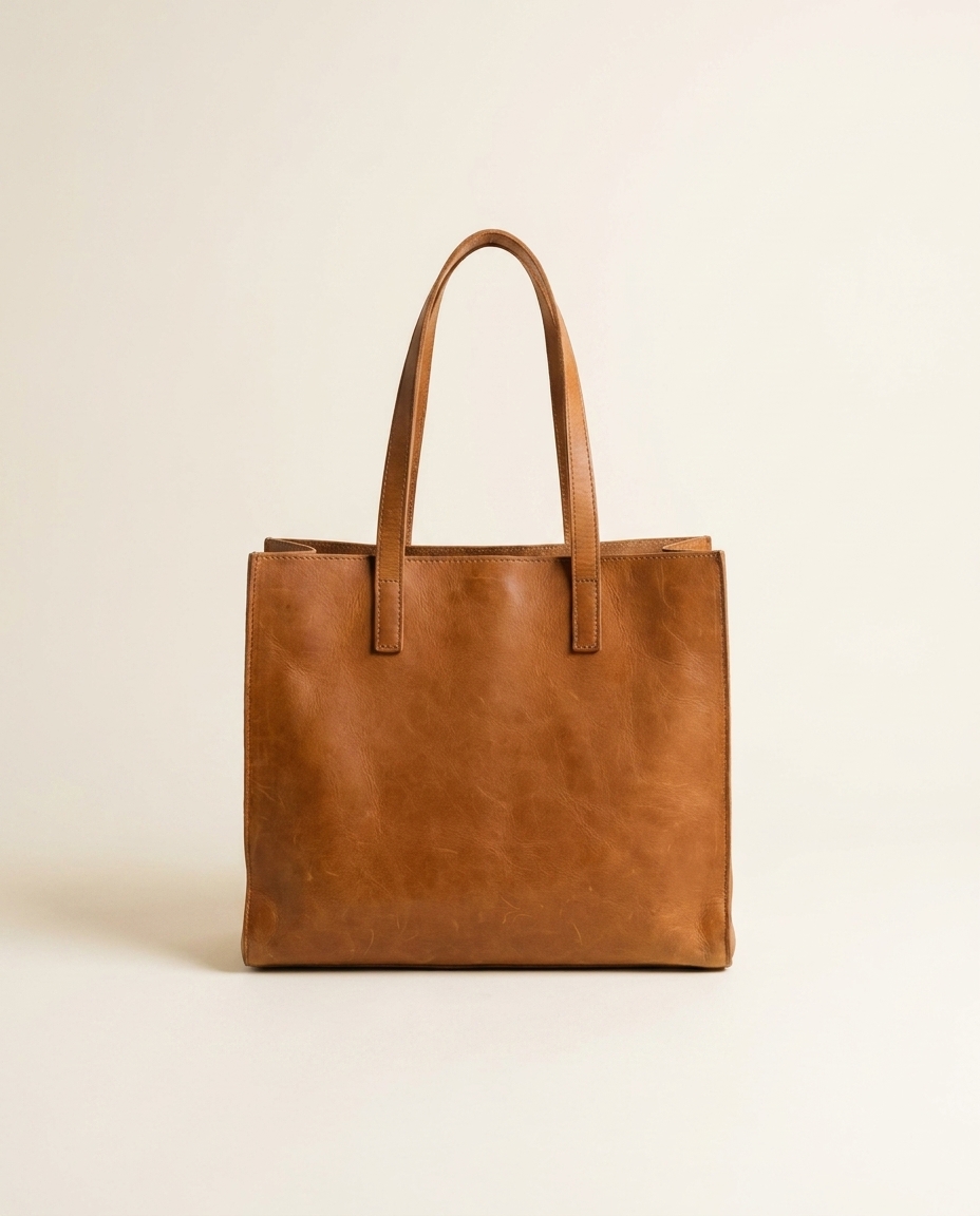 A tan leather tote as a clean listing shot on warm off-white