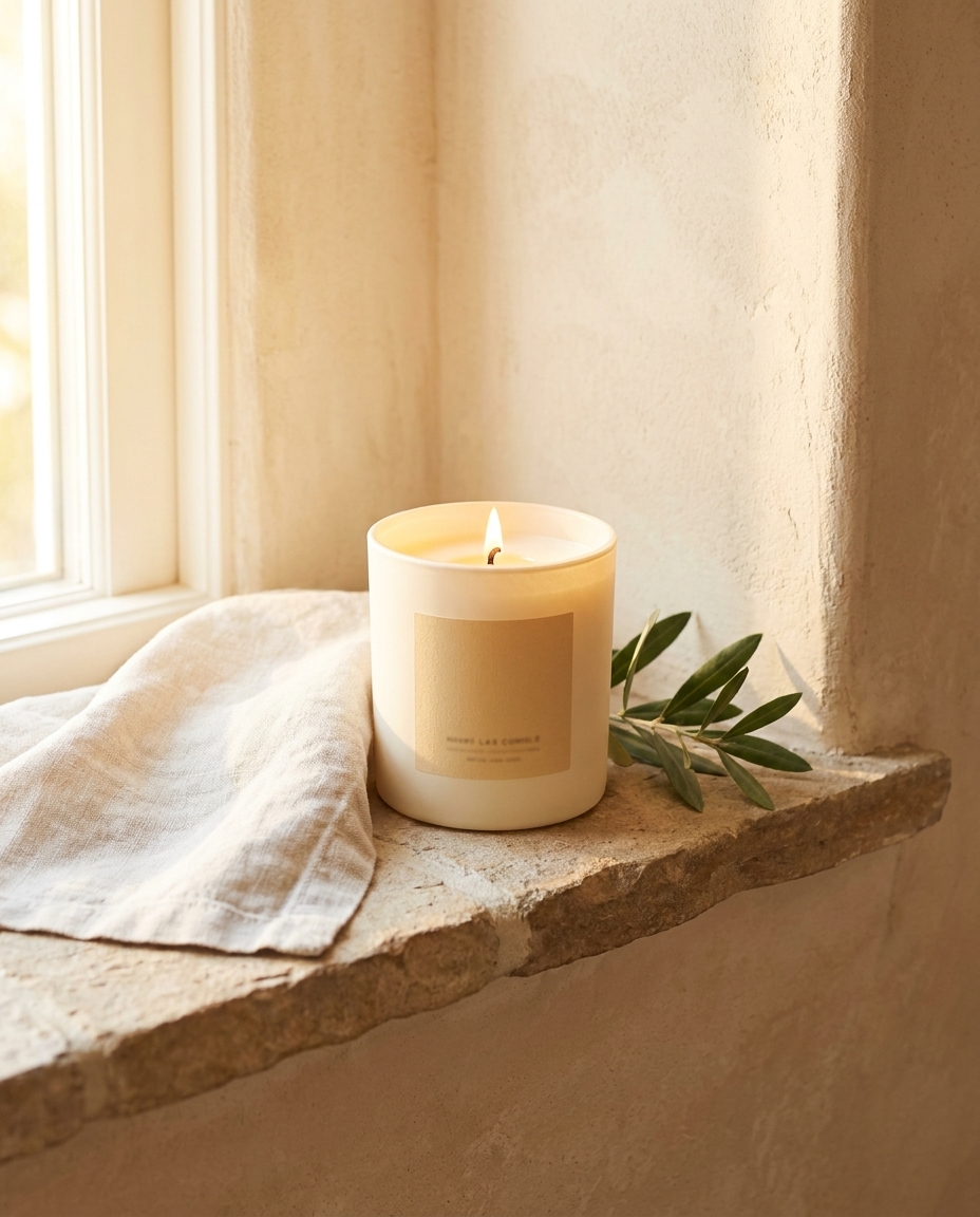 A candle on the same stone shelf setup in the same warm daylight