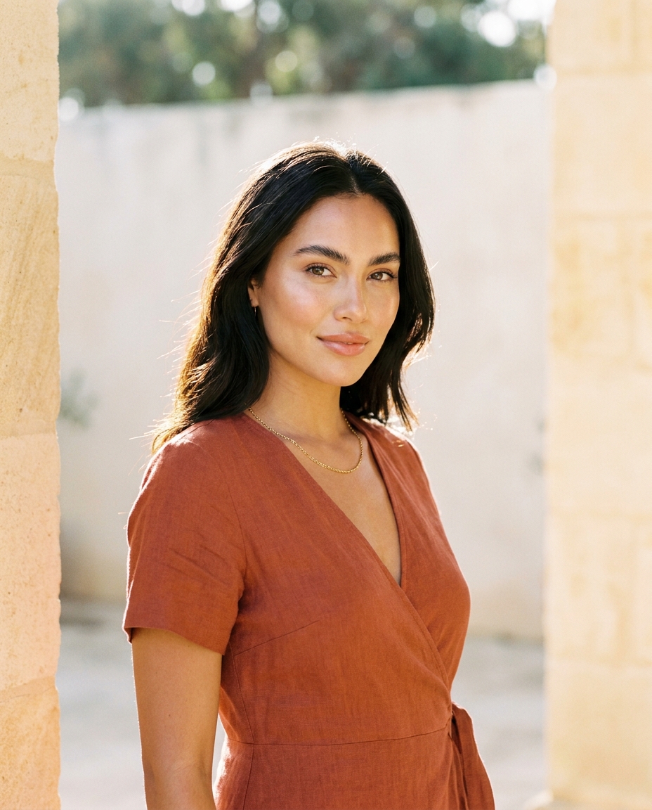 The same dress worn in a sunlit limestone courtyard