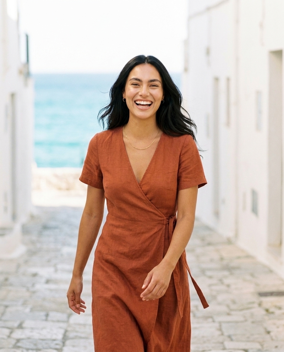 The same dress worn mid-stride on a sunlit stucco street