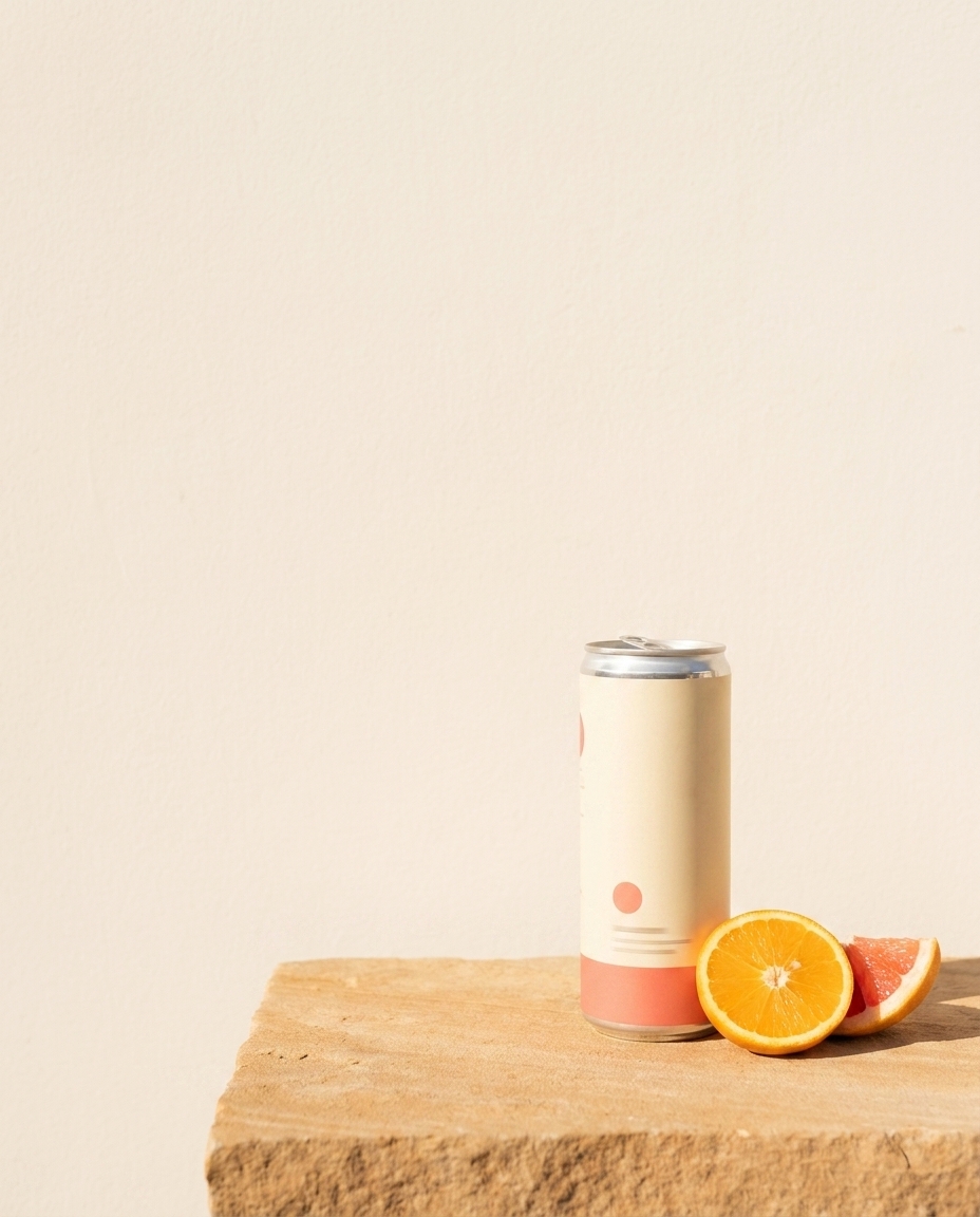 A drink can beside citrus on warm sandstone, with empty space for a headline