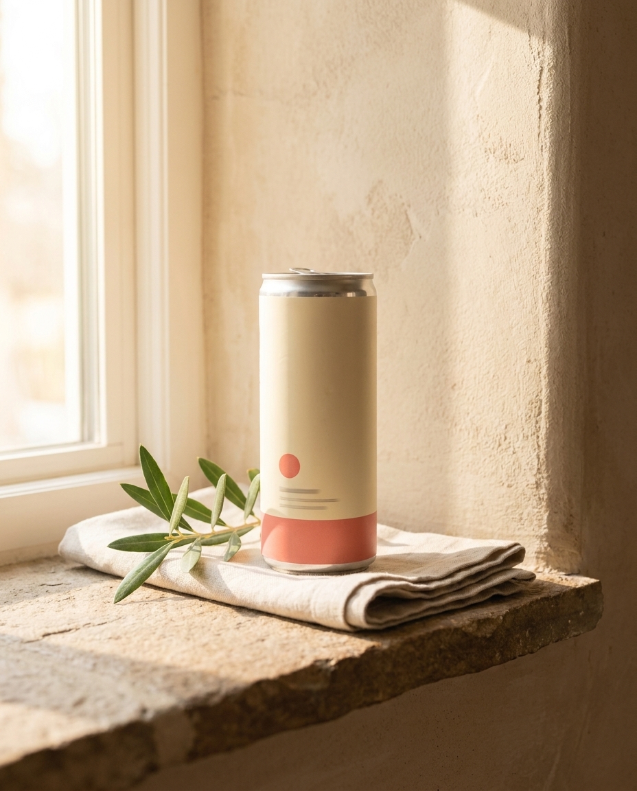 A drink can on the same stone shelf setup in the same warm daylight