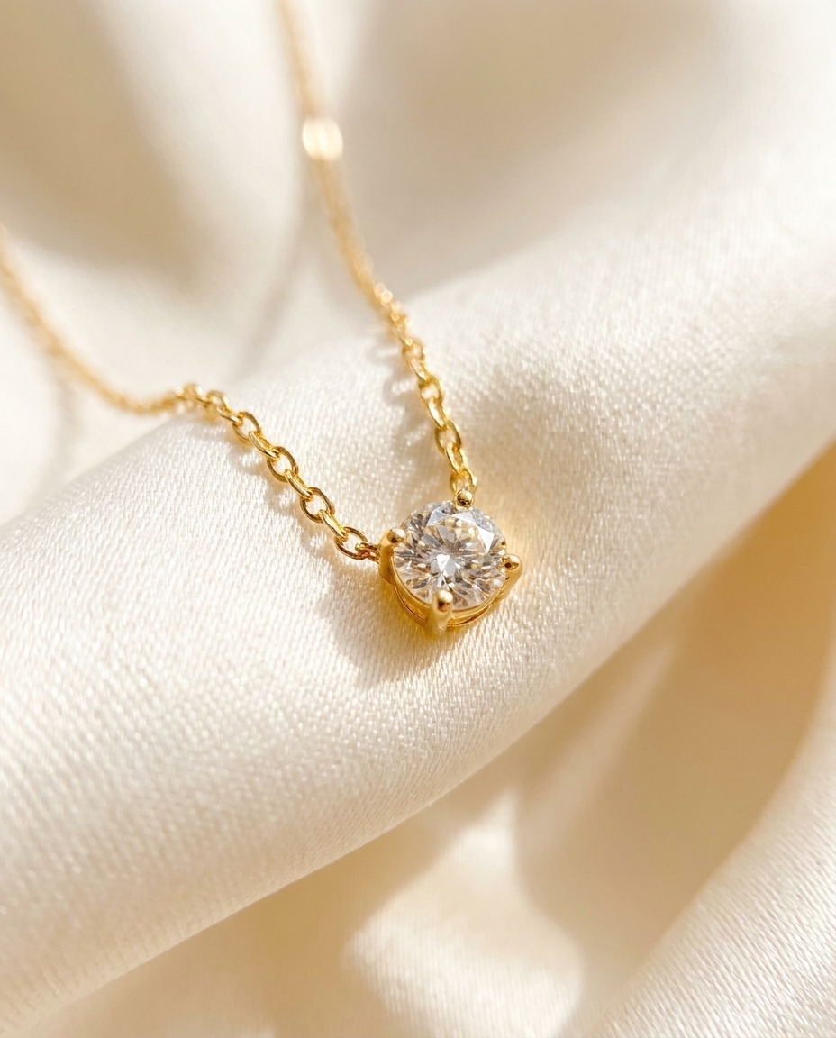 A gold pendant necklace in close-up on ivory silk