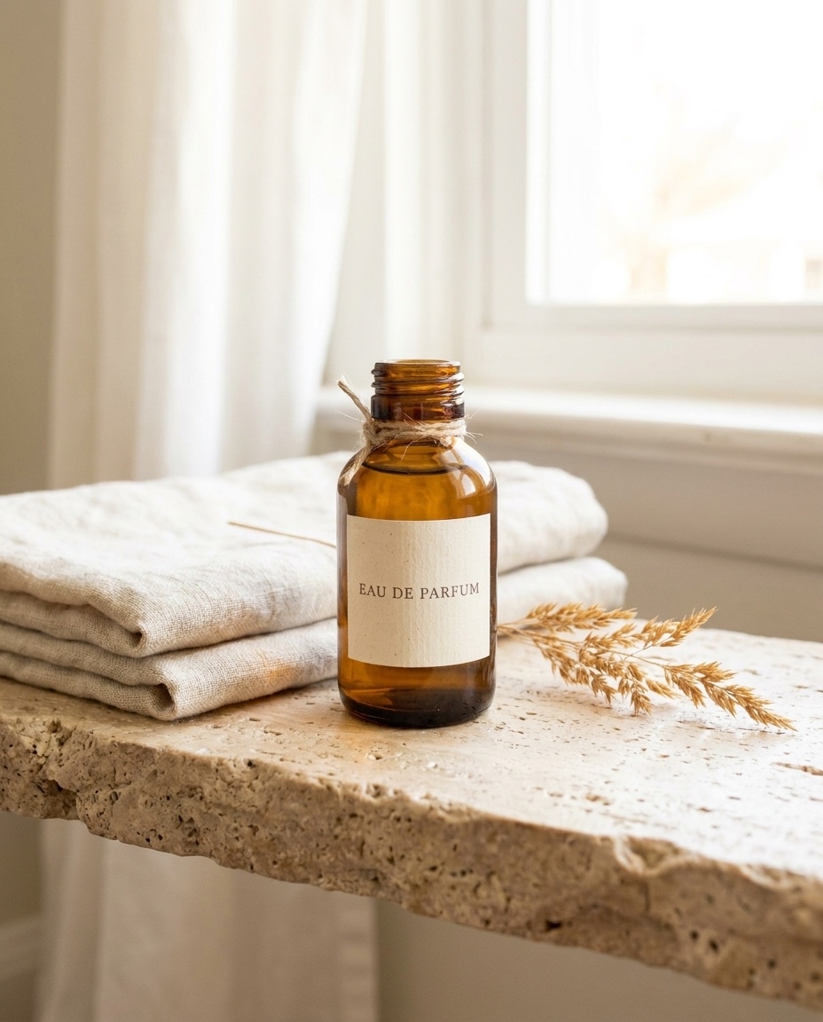 An amber perfume bottle on a stone shelf beside folded linen