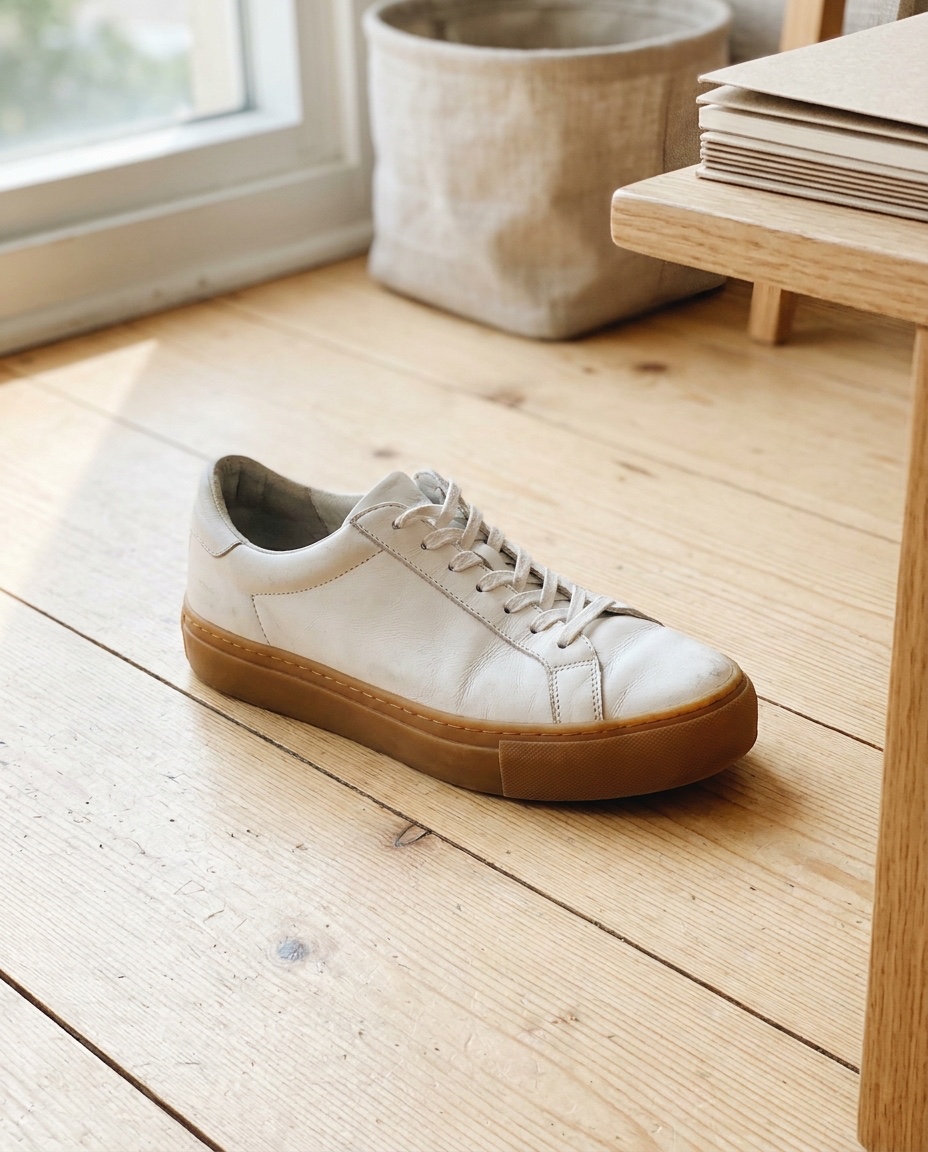 A seller-style phone photo of a white leather sneaker on a wooden floor