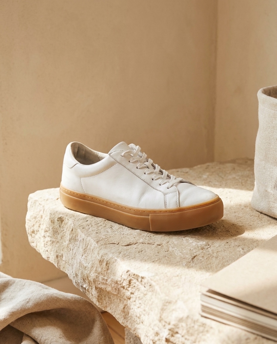 The same sneaker on a sunlit limestone step against a warm stucco wall