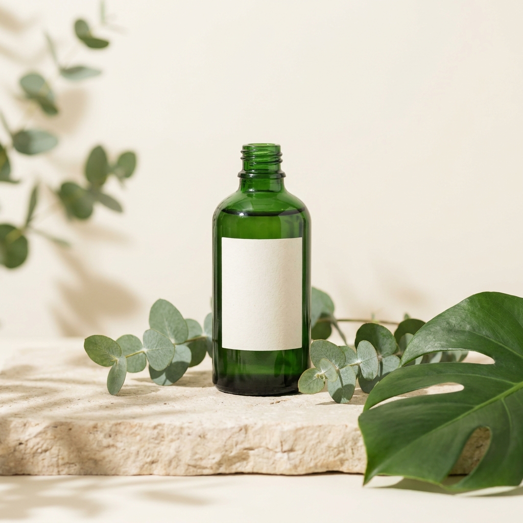 Green glass skincare bottle on pale stone, framed by fresh eucalyptus sprigs and a single monstera leaf