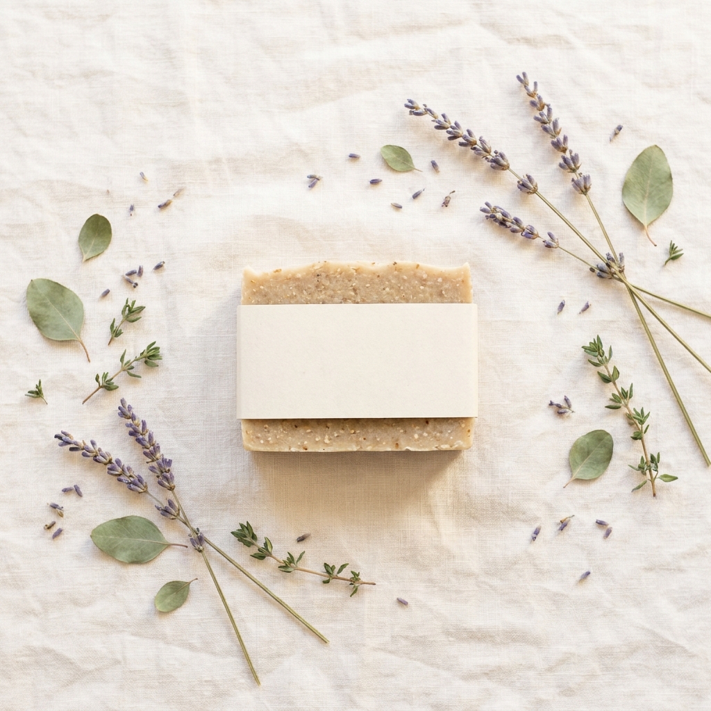 Botanical soap bar in a blank paper wrap, shot from above on pale linen between dried lavender stems