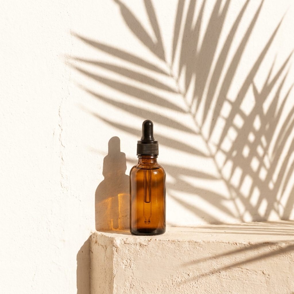 Amber dropper bottle on a plaster ledge, with a large palm leaf casting a crisp shadow across the wall