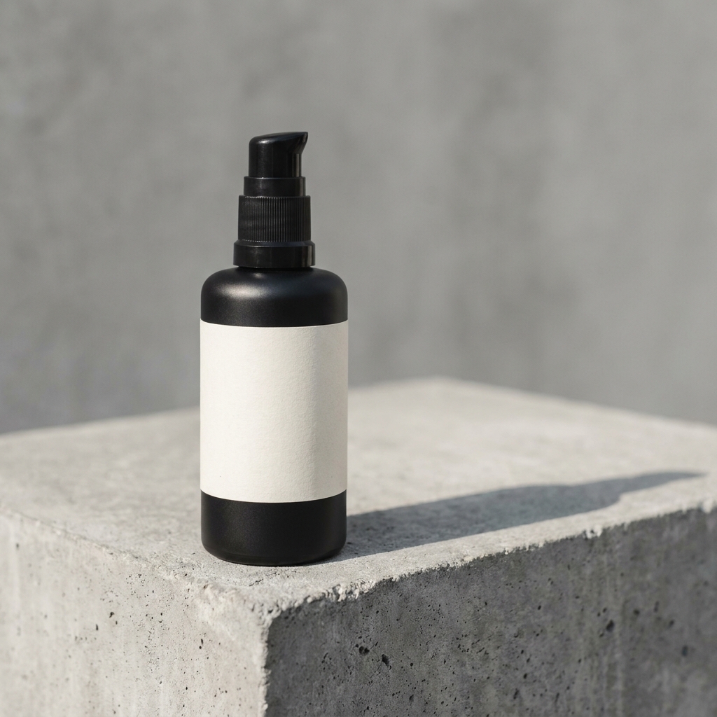 Matte black skincare pump bottle standing on a raw poured concrete slab with one clean diagonal shadow falling to the right