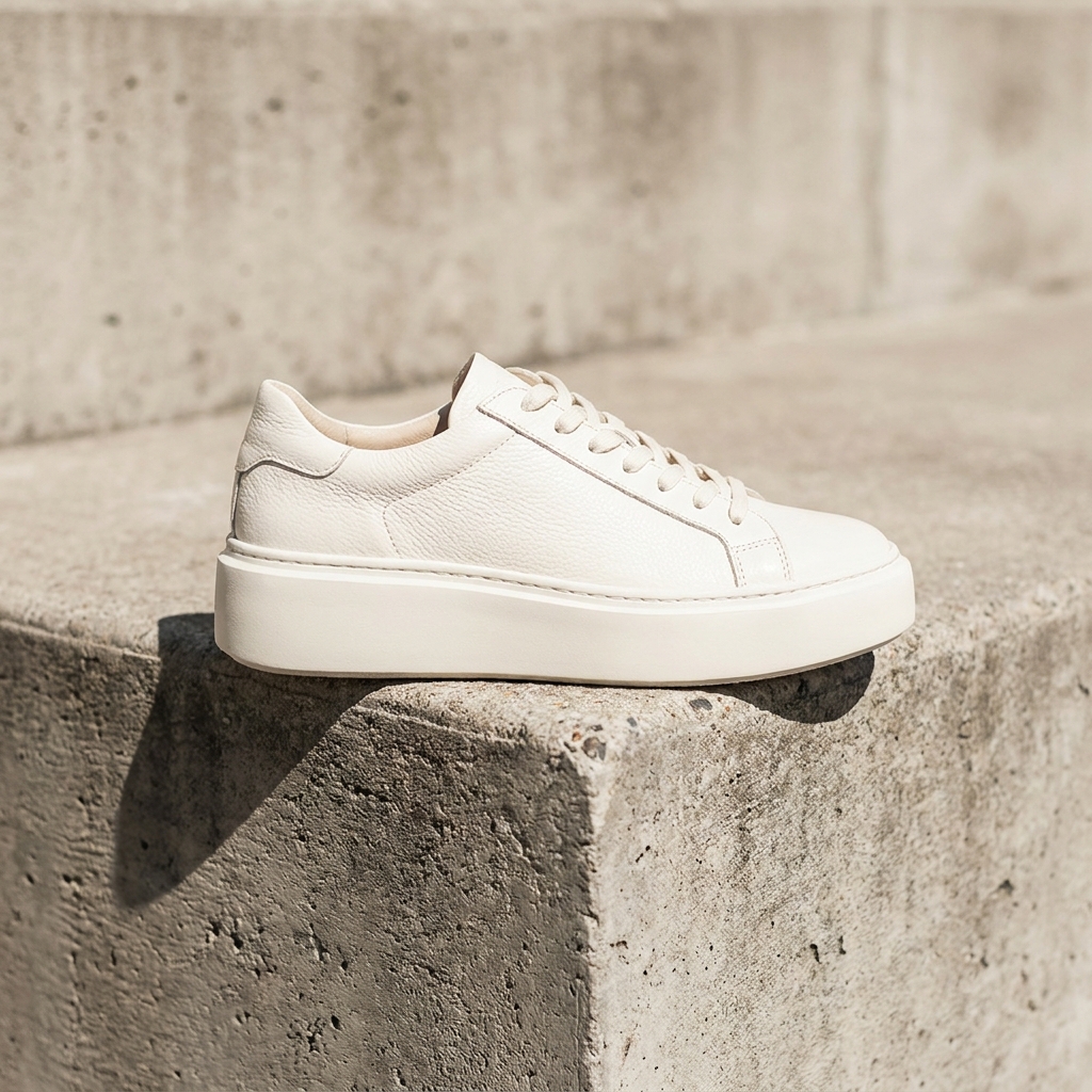 Chunky white leather trainer placed on a rough grey concrete step, with a crisp graphic shadow cast to the left