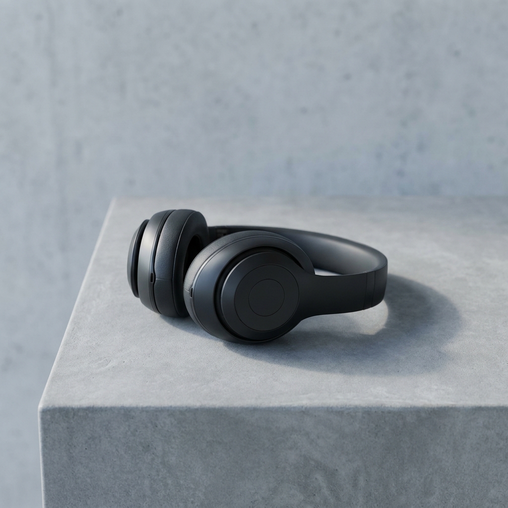 Matte black wireless over-ear headphones resting on a smooth grey concrete surface under a single soft shadow