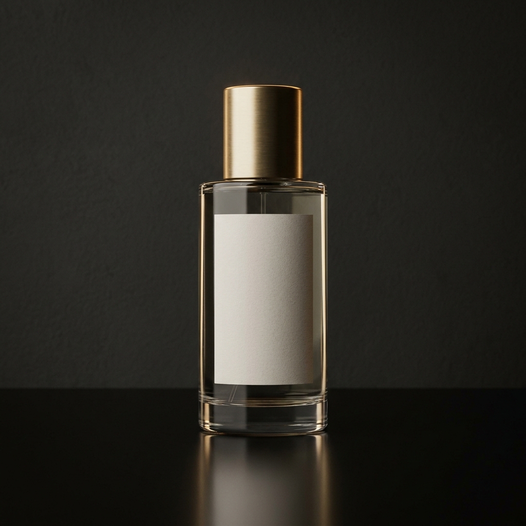 Glass fragrance bottle with a brushed gold cap on a black polished surface, a soft mirrored reflection beneath it