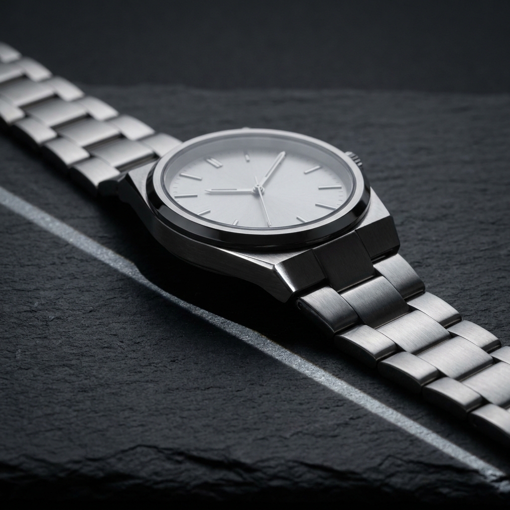 Stainless steel wristwatch with a plain dial resting on dark slate, narrow highlights defining the case and the bracelet
