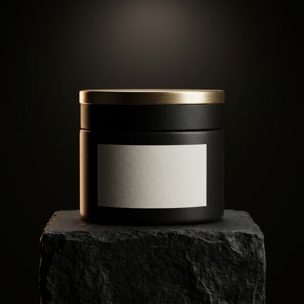 Matte black cosmetic jar with a gold rim on dark textured stone, set against a near black background