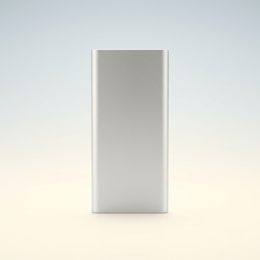 Slim silver aluminium power bank standing upright against a backdrop that shades from pale blue grey into warm ivory.