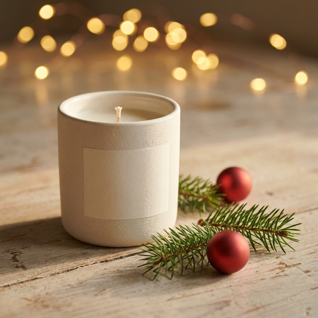 Ceramic candle vessel on a pale wooden table with pine sprigs, two matte red baubles and warm string light bokeh behind