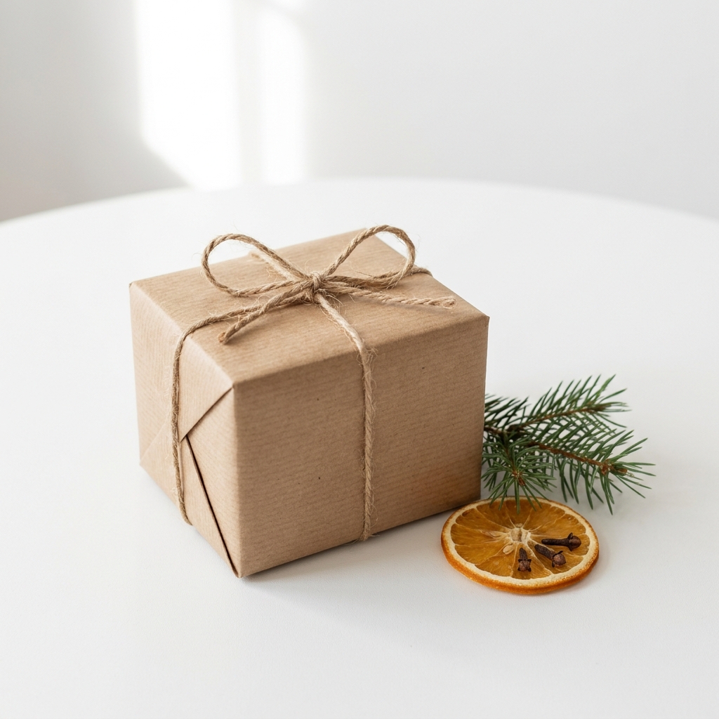 Kraft paper gift box tied with natural twine on white, a pine sprig and a dried orange slice beside it