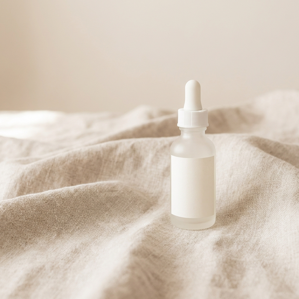 Frosted glass serum dropper bottle resting on softly rumpled oatmeal linen with gentle diagonal folds