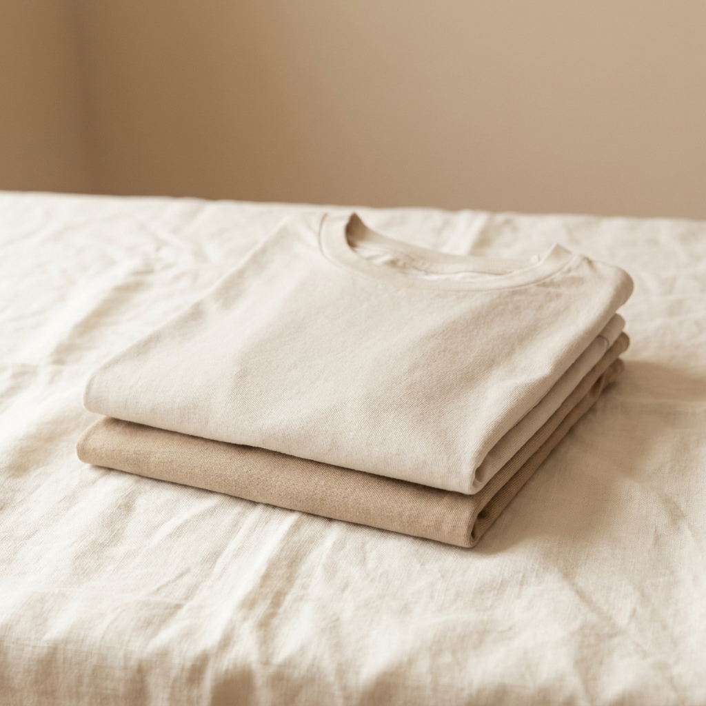 Two folded cotton t-shirts in bone and sand stacked neatly on a pale ivory linen surface