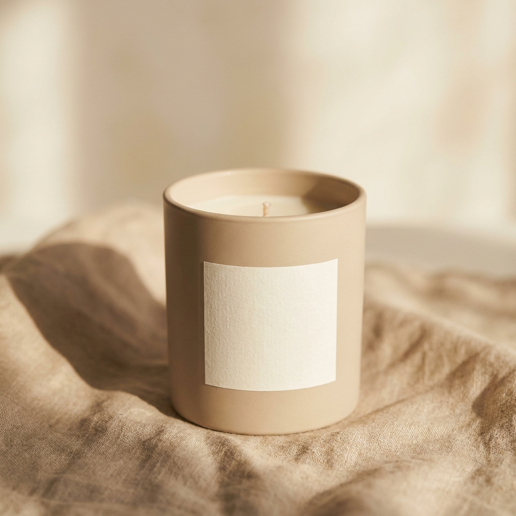 Scented candle in a matte ceramic vessel standing on crumpled natural linen cloth with the wick unlit