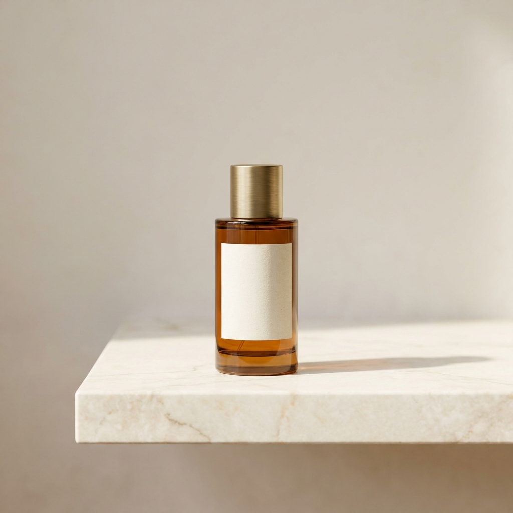 Tall amber glass perfume bottle with a brass cap standing on a cream marble ledge against a warm neutral wall