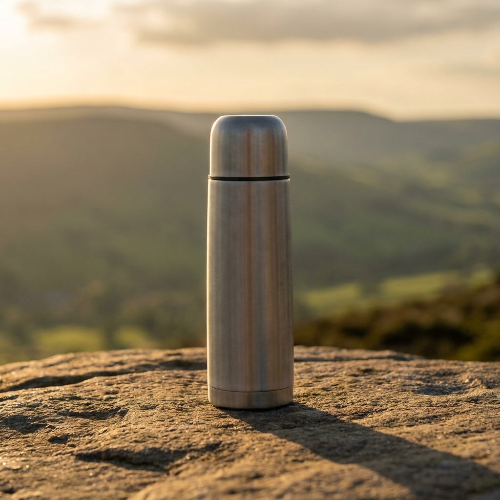 Brushed stainless insulated flask standing on a sunlit rock, with soft green hills far out of focus behind it