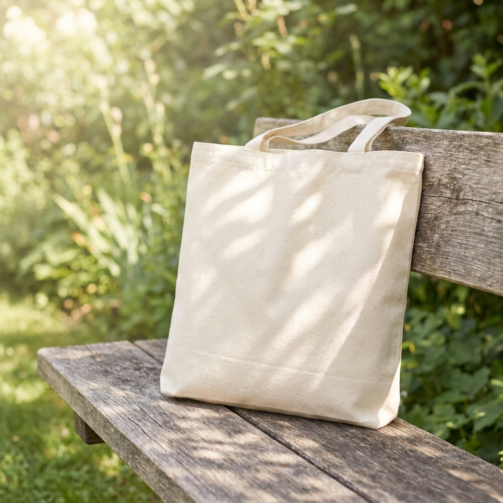 Ecru canvas tote bag on a weathered wooden bench, dappled tree shadow across it, blurred green garden behind