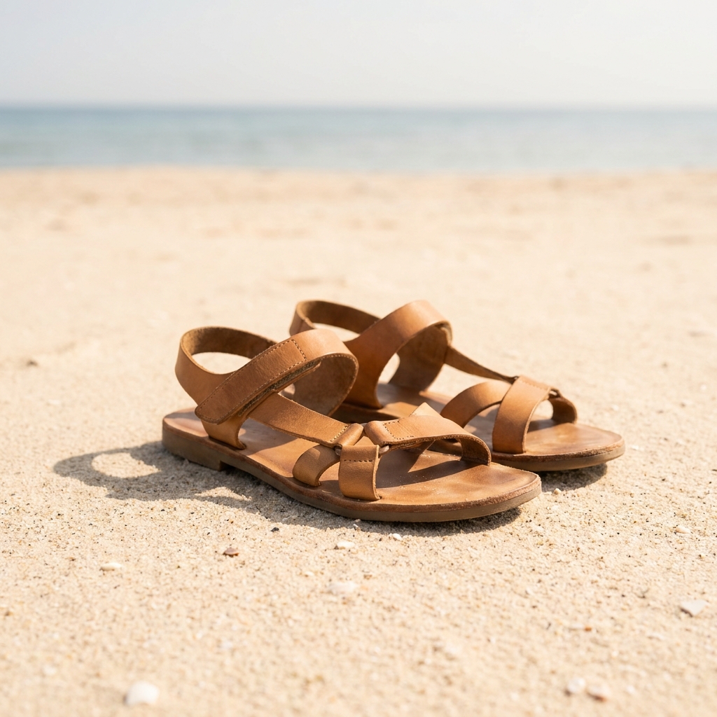 Tan leather sandals arranged on warm pale beach sand, with soft out of focus sea and sky behind