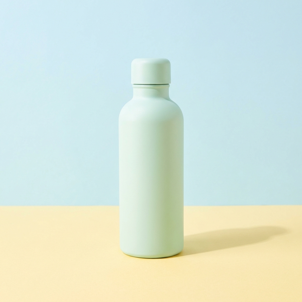 Pale mint reusable water bottle standing on butter yellow paper in front of a pale sky blue backdrop.