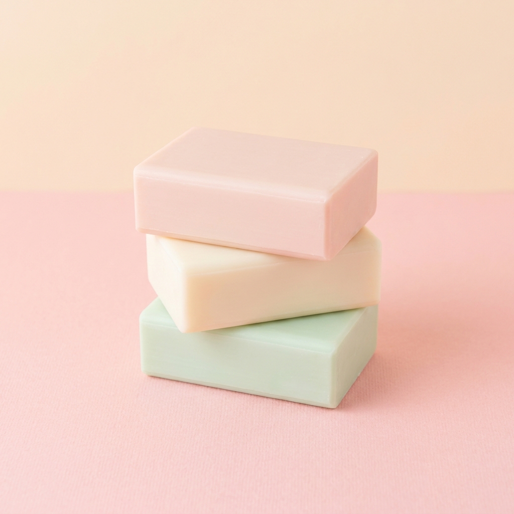 Stack of three blank soap bars in blush, cream and pale green resting on soft pink paper.