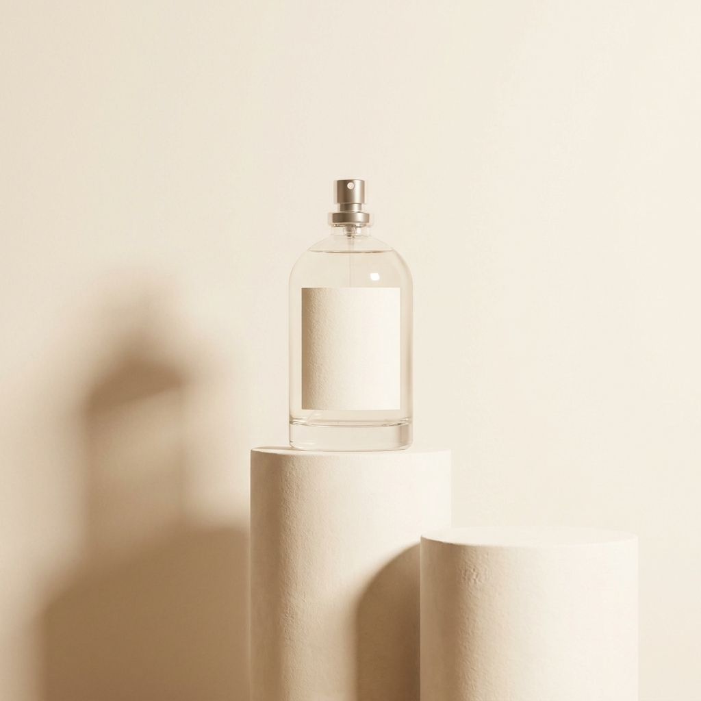 Glass fragrance bottle standing on a cylindrical warm off white plaster podium, with a second empty block beside it