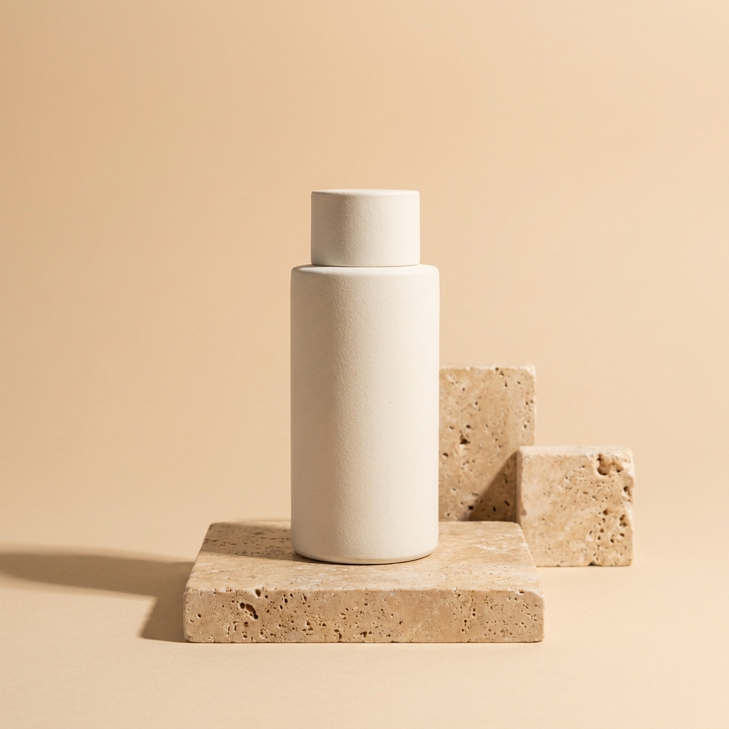 Matte ceramic skincare bottle raised on a low travertine stone podium, with two empty stone steps behind it